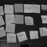 Photo of post-it notes with single words or phrases in English and Bahasa Indonesia.