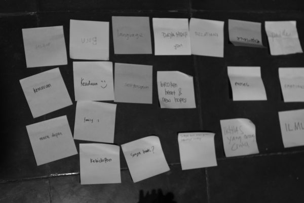 Photo of post-it notes with single words or phrases in English and Bahasa Indonesia.